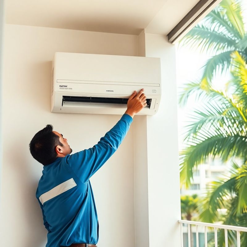Técnico instalando um split de ar-condicionado em parede de apartamento carioca