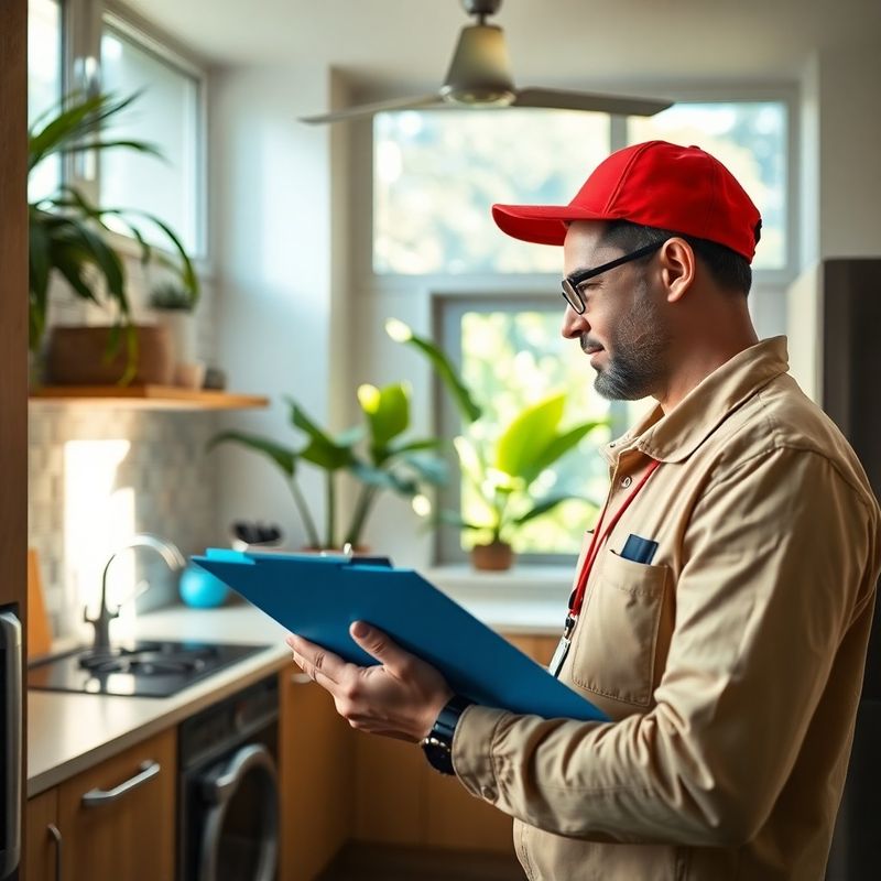 Técnico executando checklist de manutenção em cozinha de apartamento carioca