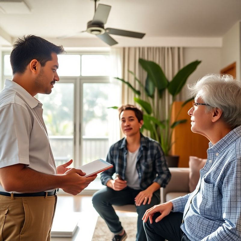 Técnico conversando com cliente sobre o escopo do serviço na sala de um apartamento