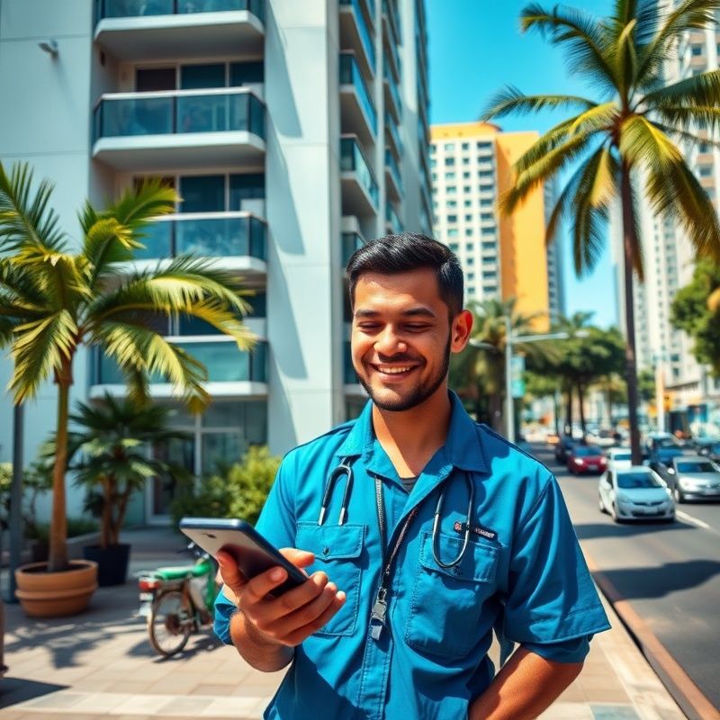 Técnico respondendo mensagem no celular em frente a um prédio de Copacabana